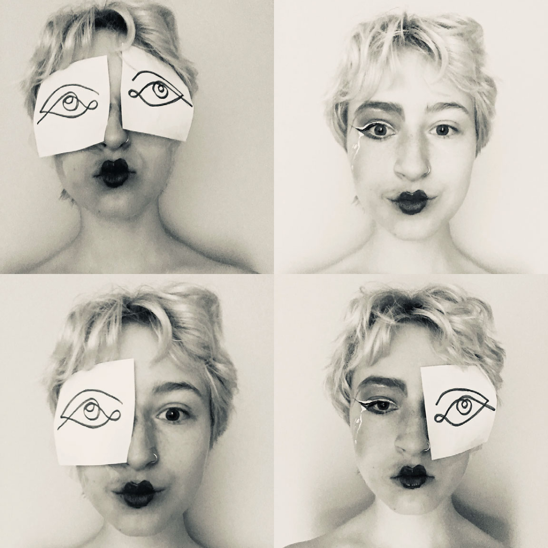 a collage of four separate images. each images is a portrait of the same person. They wear make-up on one half of their face. In the first image eyes drawn on post-its are taped over their eyes. In the second image the post-its are gone. In the third image their left eye is taped over by the drawn eye, and in the last image their right eye is covered by the post-it.
