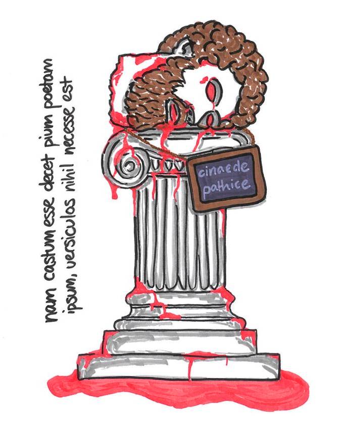 the image shows a column with a bloody head toppled over on its top. the column has a sign saying 'cinaede pathice'. on the left side of the illustration is written 'nam castum esse decet pium poetam ipsum, versiculos nihil necesse est'